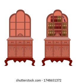 An antique bookcase with books and empty shelves. Templates isolated on a white background. Furniture for the library. Vector illustration in flat style