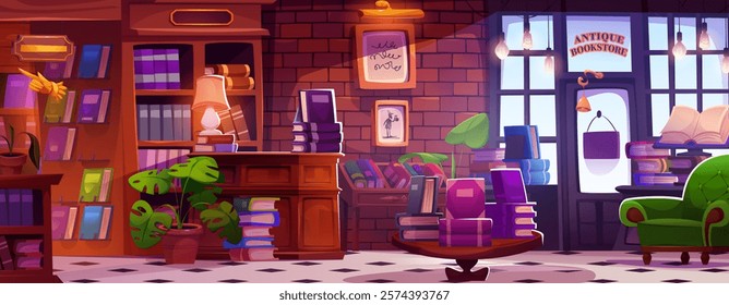 Antique bookstore interior with cozy atmosphere - wooden bookshelves stacked with literature, brick walls decorated by framed pictures, monstera plants in pots,vintage green armchair, table lamps.