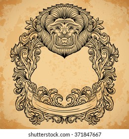Antique border frame engraving with lion head and baroque cartouche ornament. Isolated elements. Vintage design decorative element in baroque style on aged paper. Retro hand drawn vector illustration