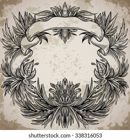Antique border frame engraving with palm leaves and exotic flowers. Vintage design decorative element in baroque style on aged paper. Retro hand drawn vector illustration
