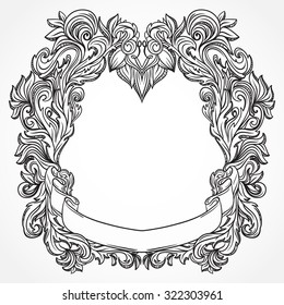 Antique border frame engraving with retro ornament pattern. Vintage design decorative element in baroque style. Retro hand drawn vector illustration
