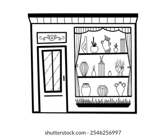 Antiga boutique. Compre com vasos, itens antigos, coisas únicas. Ilustração de doodle vetorial para seu design