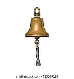 Antique brass, copper ship bell with rope, cartoon vector illustration isolated on white background. Cartoon hand drawn illustration of shiny antique brass ship bell