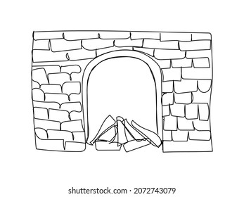 Antique brick fireplace with wood burning one line art. Continuous line drawing of new year holidays, christmas, traditional, lighting, romance, comfort, heating.