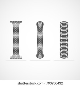 Antique bricks columns in flat design. Vector illustration. Gray roman column icons, isolated on light background