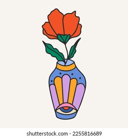 Antike helle Vase mit einem psychedelischen Muster im Stil der 60er Jahre. Blume in einer Vase. Handgefertigte, Vintage-Dekoration.