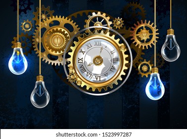 Antique, broken clock in the steampunk style with gold and brass gears on dark, blue, textured background with electric vintage bulbs. 