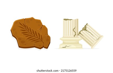 Antique Broken Greek Column And Fossil. Objects Of Archaeology Vector Illustration