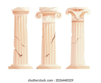 Antique broken Greek columns. Ancient Roman pillar. Building design elements. Cartoon vector illustration.