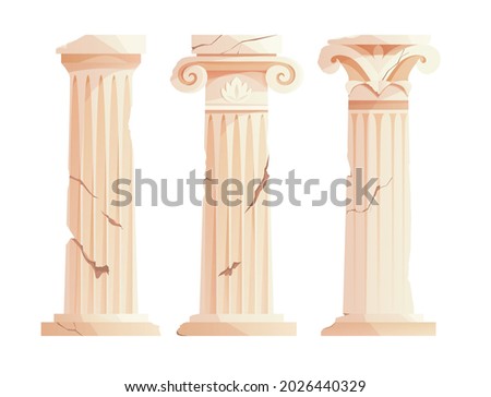 Antique broken Greek columns. Ancient Roman pillar. Building design elements. Cartoon vector illustration.