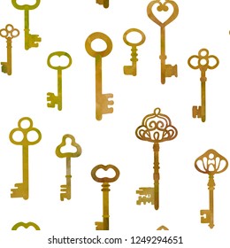 Antique bronze keys.   Vector seamless pattern. Watercolour imitation.