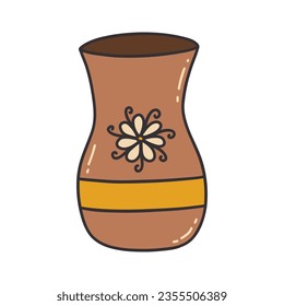 Antique brown jug for milk or water. Flower print. Old clay pot or ceramic vase. Colorful vector isolated illustration hand drawn doodle. Icon or card with contour