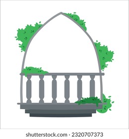 Antique building facade with arched windows, balcony with forged forged railing, chair and green plants. Medieval castle or vintage house exterior of grey stone wall, Cartoon vector illustration