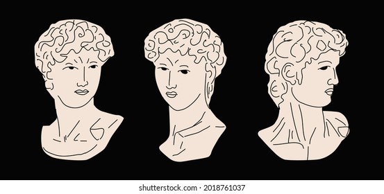 Antique Bust Classical Marble Sculpture. Flat vector illustration. Head Bust Isolated On Black Background.