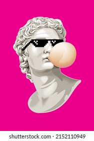 Antique bust in pixel sunglasses blowing bubble gum. Pop art vector EPS10 graphics.