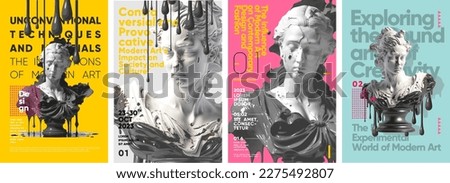 Antique busts covered in black paint. Modern Art. Set of vector illustrations. Typography design and vectorized 3D illustrations on the background.