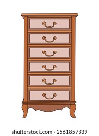 Antique cabinet, sideboard, chest of drawers. Wooden storage furniture in modern trendy retro style for minimalist home design. Flat outline colored vector illustration isolated on white background