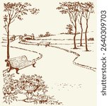Antique calm place big vase pot petunia branch aspen leaf white morn sky scene paper text space. Line black ink pen hand drawn stone relax rest design scenic view retro doodle outline engrav art style