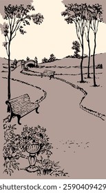 Antique calm place big vase pot petunia branch aspen leaf white morn sky scene paper text space. Line black ink pen hand drawn stone relax rest design scenic view retro doodle outline engrav art style