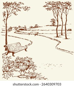 Antique calm place big vase pot petunia branch aspen leaf white morn sky scene paper text space. Line black ink pen hand drawn stone relax rest design scenic view retro doodle outline engrav art style