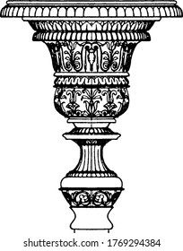 The Antique candelabrum capital with a plate or cup like form on the top where a lamp or candle can be placed, vintage line drawing or engraving illustration.