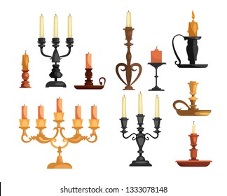 Antique candleholders set. Collection for interior decoration. Can be used for topics like vintage, holiday, event