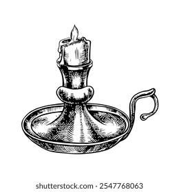 Un candelabro antiguo con una vela encendida. Gráficos en blanco y negro Vector. Ilustración dibujada a mano sobre un fondo blanco. Un elemento de los volantes de diseño, carteles. Pósters, volantes, Anuncio y más