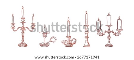 Antique candlestick hand drawn vector set, Vintage candle holder, Candle on candlestick, illustrated vintage line art style