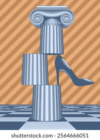 Antique capital and fragment of a column with a high-heeled shoe on a checkerboard floor in perspective and on a striped background. Drawing in vintage color engraving style. Vector illustration