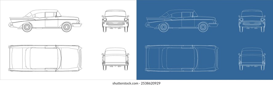 antique car vector blueprint line technical drawing isolated on the white background. 