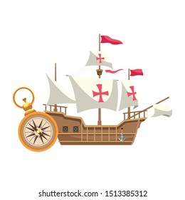 antique caravel ship with compass navigation vector illustration design