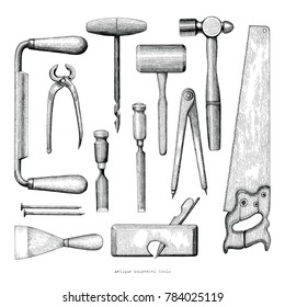 Antique carpenter tools hand drawing vintage style on white background