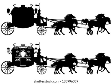 antique carriage with four running horses - easy editable silhouette