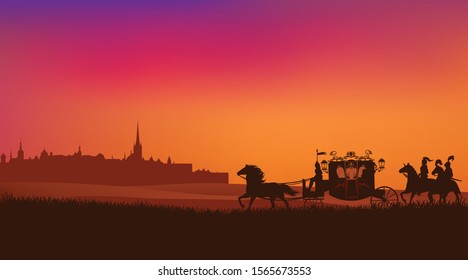 antique carriage with knights retinue riding horses and ancient city silhouette - fairy tale kingdom vector sunset scene