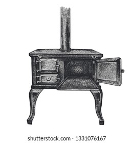 
Antique cast iron stove with an open oven. Vector vintage drawing of wood burning stove.Retro style.
