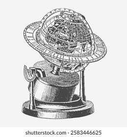 Antique celestial globe illustration with intricate details, showcasing vintage astronomy, navigation, and geography. A historical hand-drawn engraving perfect for educational, scientific.