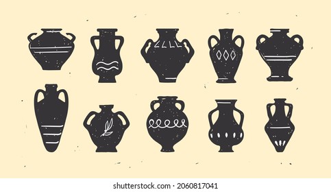 Antique ceramic set of vases in different sizes and shapes. Dark silhouettes of vases, amphorae and old jugs on a light background. Hand-drawn isolated vector pottery with texture.