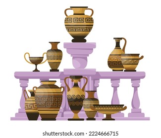 Antique ceramic vase collection on decorative stand vector set. Cartoon illustrations of brown vases with patterns standing on decorative fence isolated on white background. Art, decoration concept.