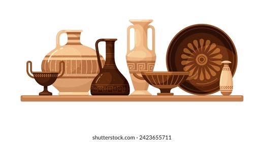 Antique ceramics on shelf clay pots utensil craft handmade kitchenware vector flat illustration. Ancient kitchen pottery amphora jug urn crockery bowl on shelves home art decor for cooking