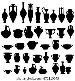 Antique ceramics, silhouettes of amphorae, pitchers and bowls, isolated vector elements