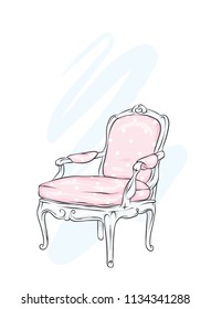 An antique chair and flowers. Vintage furniture. Roses and peonies. Vintage and retro. Vector illustration.