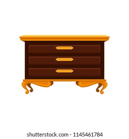 Antique Chest Of Drawers With Golden Legs, Handles And Top Surface. Old Wooden Commode. Vintage Furniture. Flat Vector Design