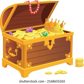 Antique chest with wealth. Golden game treasure isolated on white background