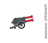 Antique circus cannon with red and white striped barrel on wheels. A flat vector illustration of a grey antique cannon featuring a red and white striped barrel and a black carriage wheel. Ideal for pirate themed parties or circus promotional materials.