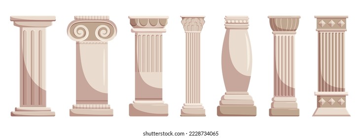 Antique Classic Stone Columns Isolated On White Background. Ancient Pillars Of Roman Or Greece Architecture Design Elements With Twisted And Groove Ornament. Cartoon Vector Illustration