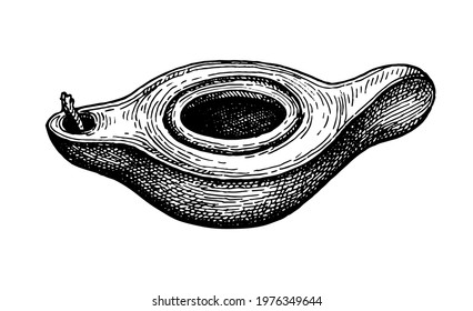 Antique clay oil lamp. Ink sketch isolated on white background. Hand drawn vector illustration. Retro style.