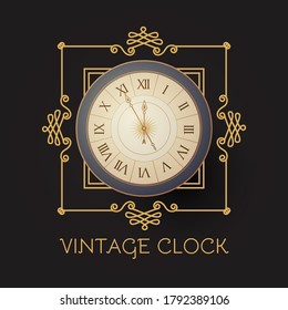 Antique clock with elegant frame. Old fashioned design element. Vintage watch.