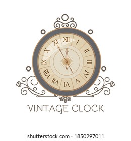 Antique clock with elegant frame. Old fashioned design element. Vintage watch.