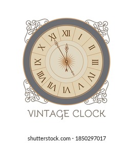 Antique clock with elegant frame. Old fashioned design element. Vintage watch.