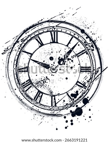 Antique Clock Hand Drawn in Ggrunge Style, Old, Scratch, Icon, Black, Time, Doodle, Paint Splatter, Ink, Brush, Abstract, Vector